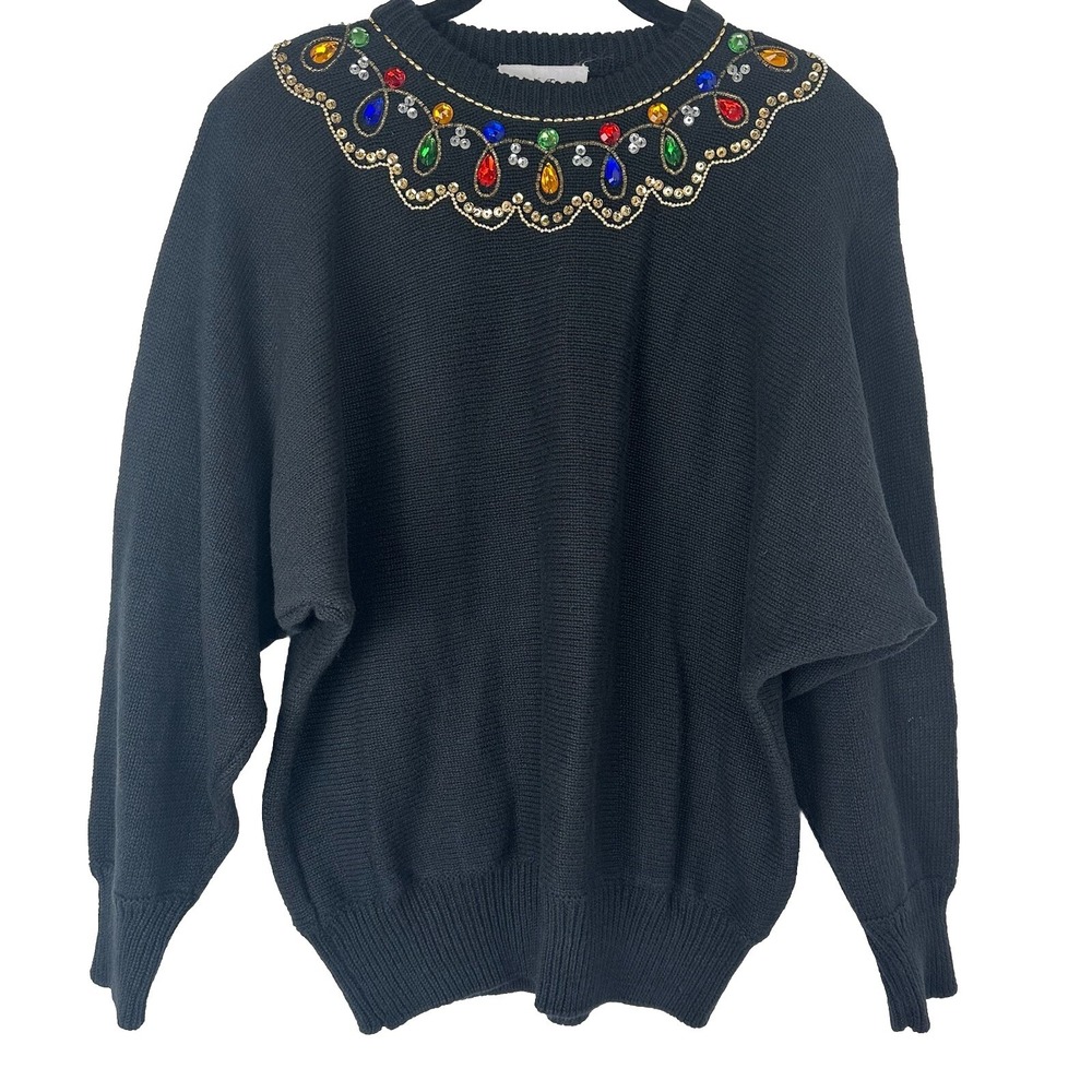 Vintage Black Jewel Sweater Medium Eclectic Grandma Maximalist Artsy Holiday